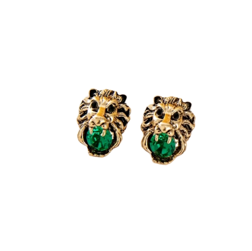 Green Stone Lion Head Earrings